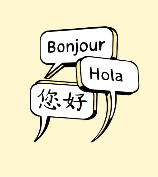 Speech bubbles with hello greetings in different languages on a yellow background graphic