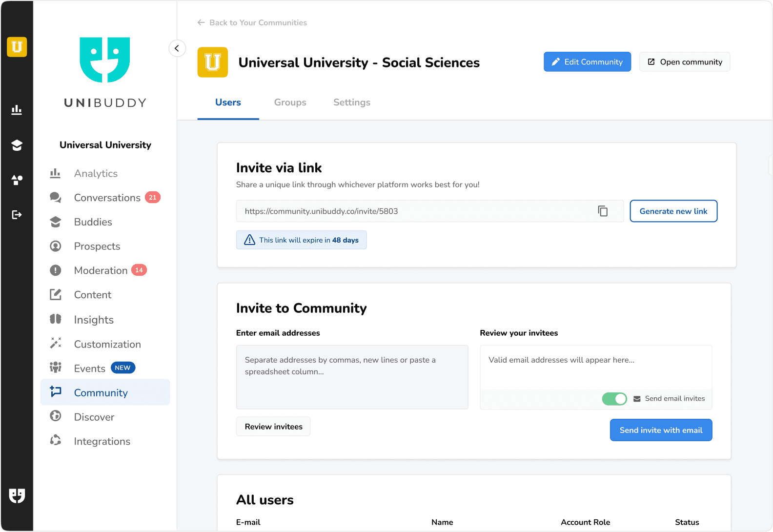 Sample screengrab of Unibuddy Community admin panel