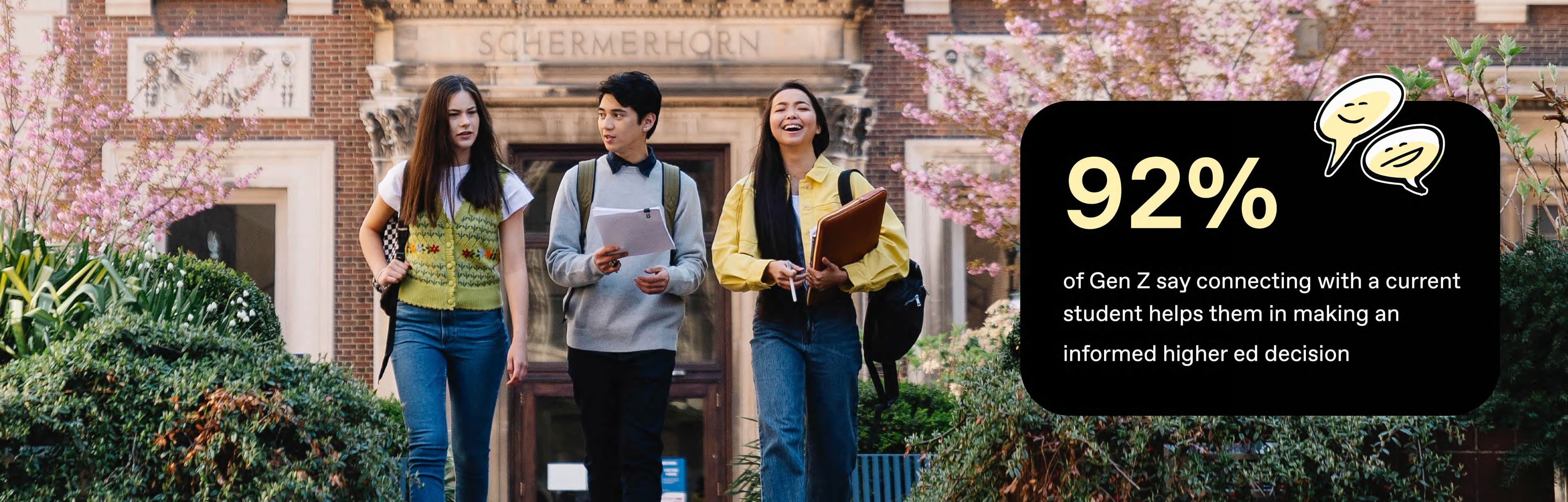 graphic showing 92% of prospective students say connecting with a current student helps them make a decision regarding higher ed