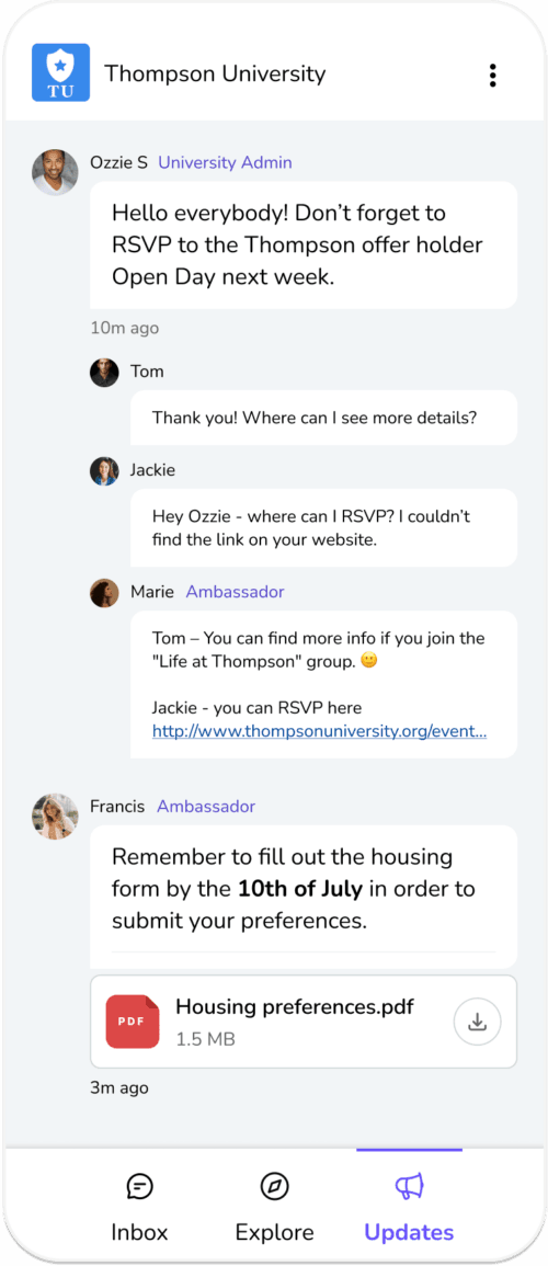 Screenshot example of Community conversation with PDF attachment