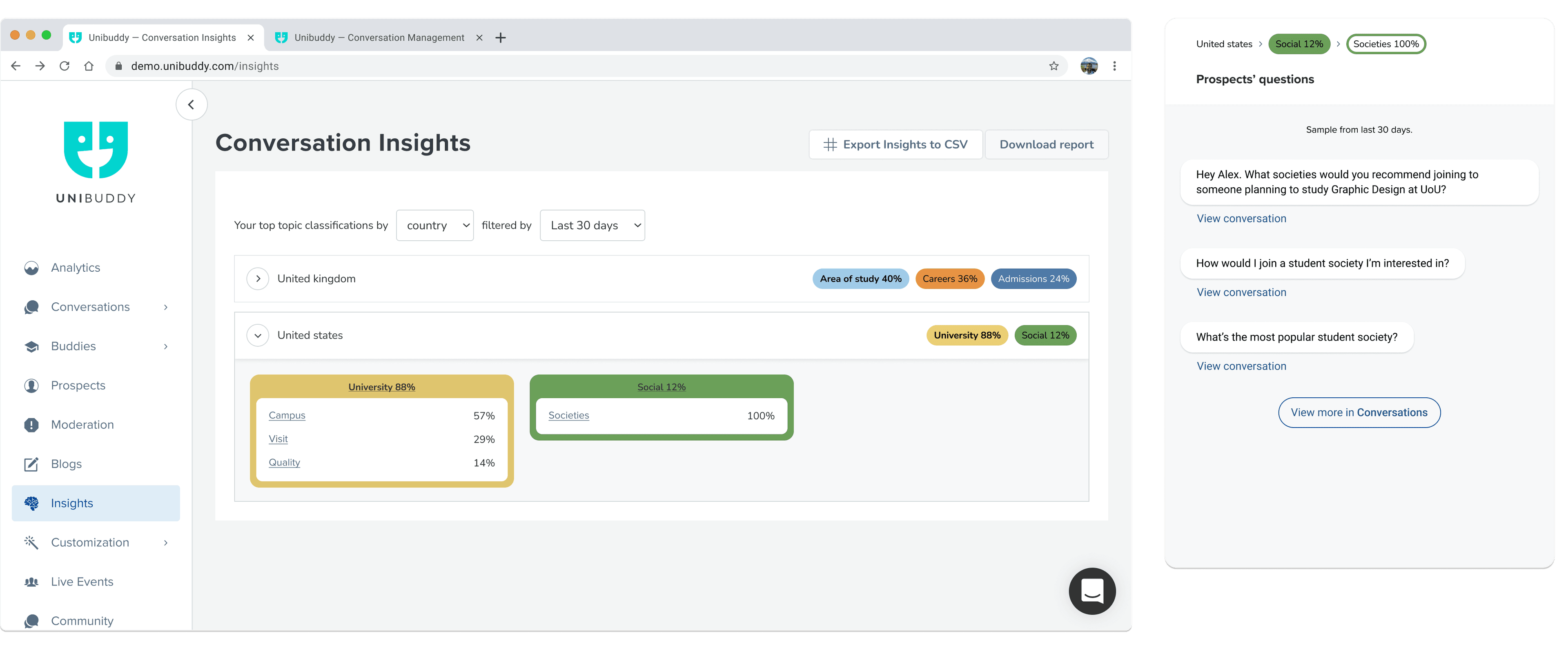 Screenshot of Unibuddy Conversation Insights filters