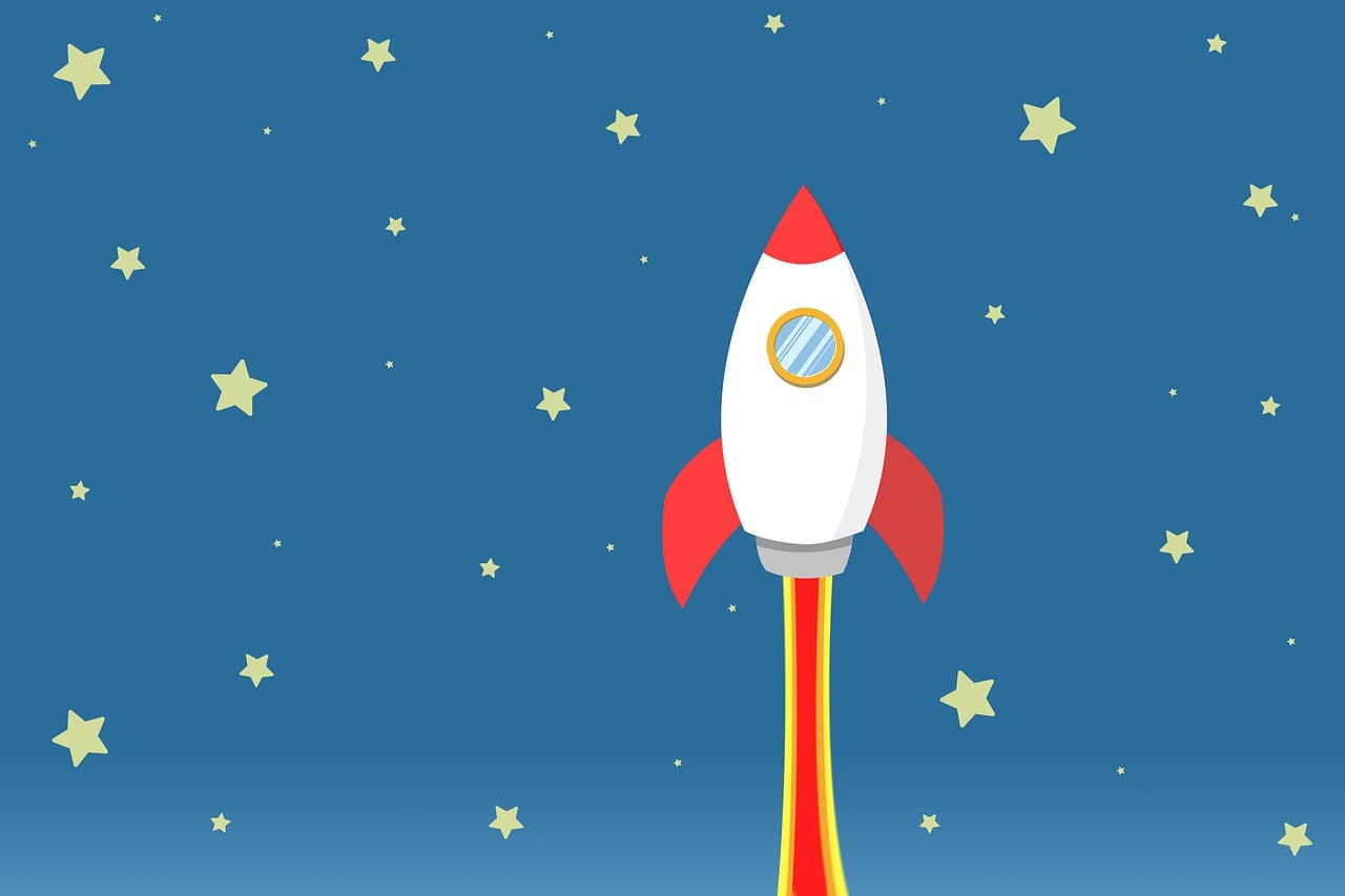 rocket ship takeoff against star sky background graphic