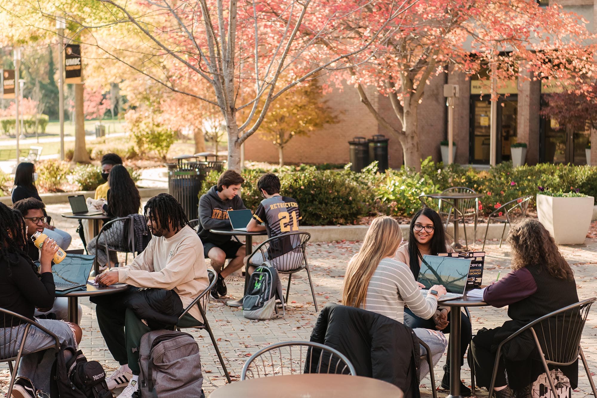 UMBC Campus with students at tables on laptops. Trees in the background.