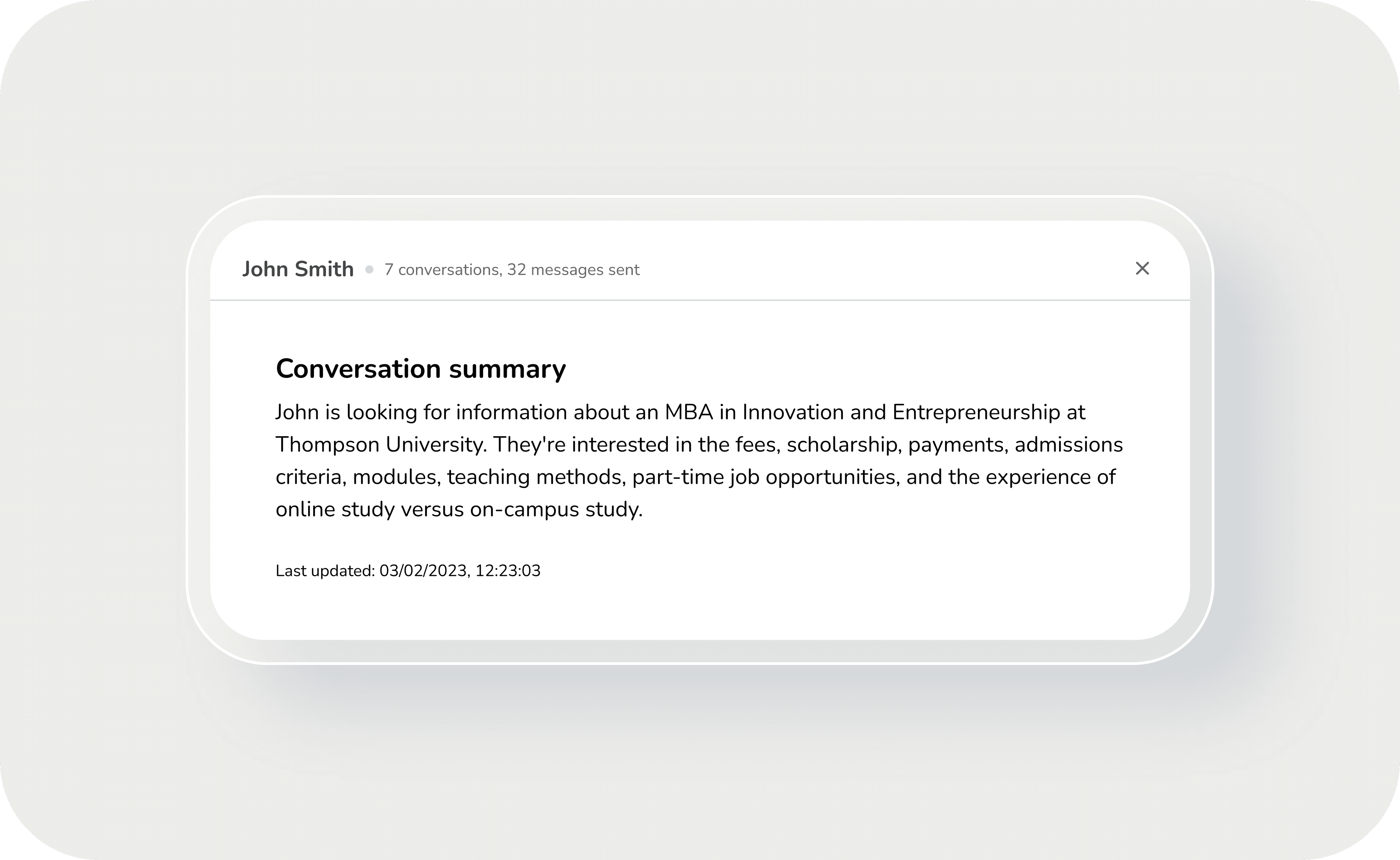 Screenshot of Unibuddy Conversation Summary Example