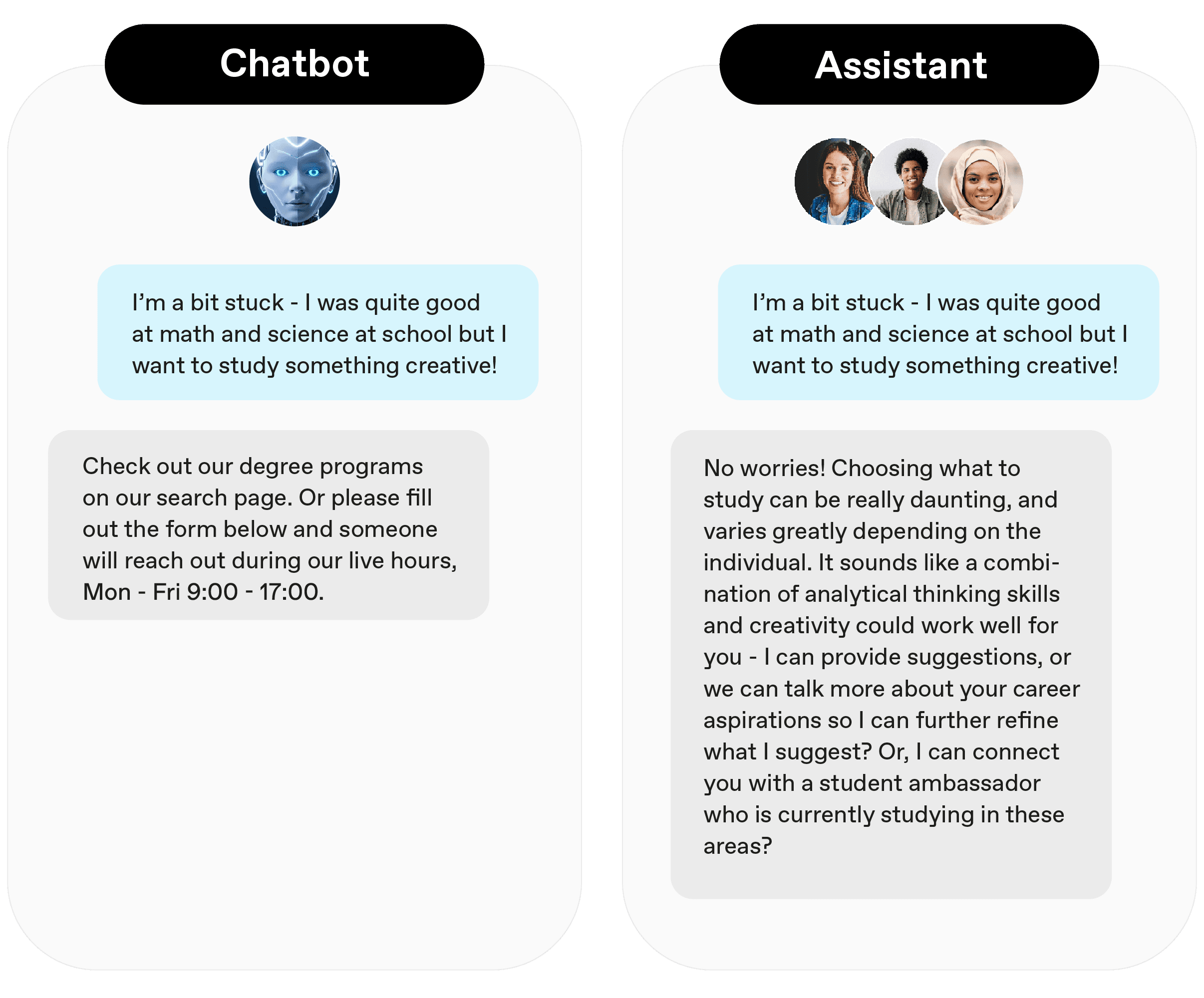 graphic comparing two conversations - one with a chatbot and one with an enrollment assistant