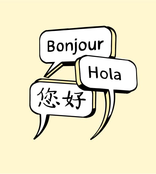 Speech bubbles with hello greetings in different languages on a yellow background graphic