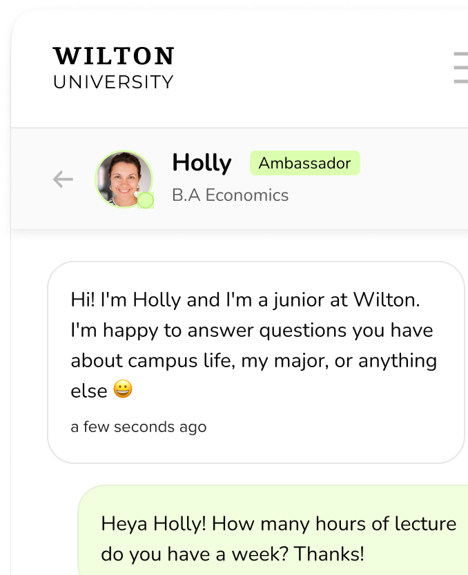 Sample conversation between student ambassador at and a prospective student on Unibuddy Chat