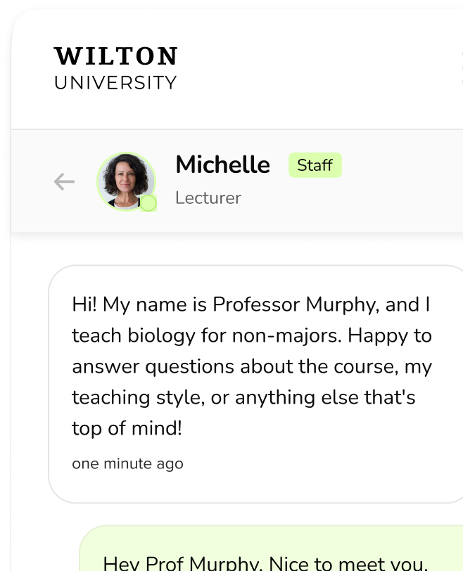 Unibuddy sample conversation between a lecturer and professor at Wilton University about courses and teaching style