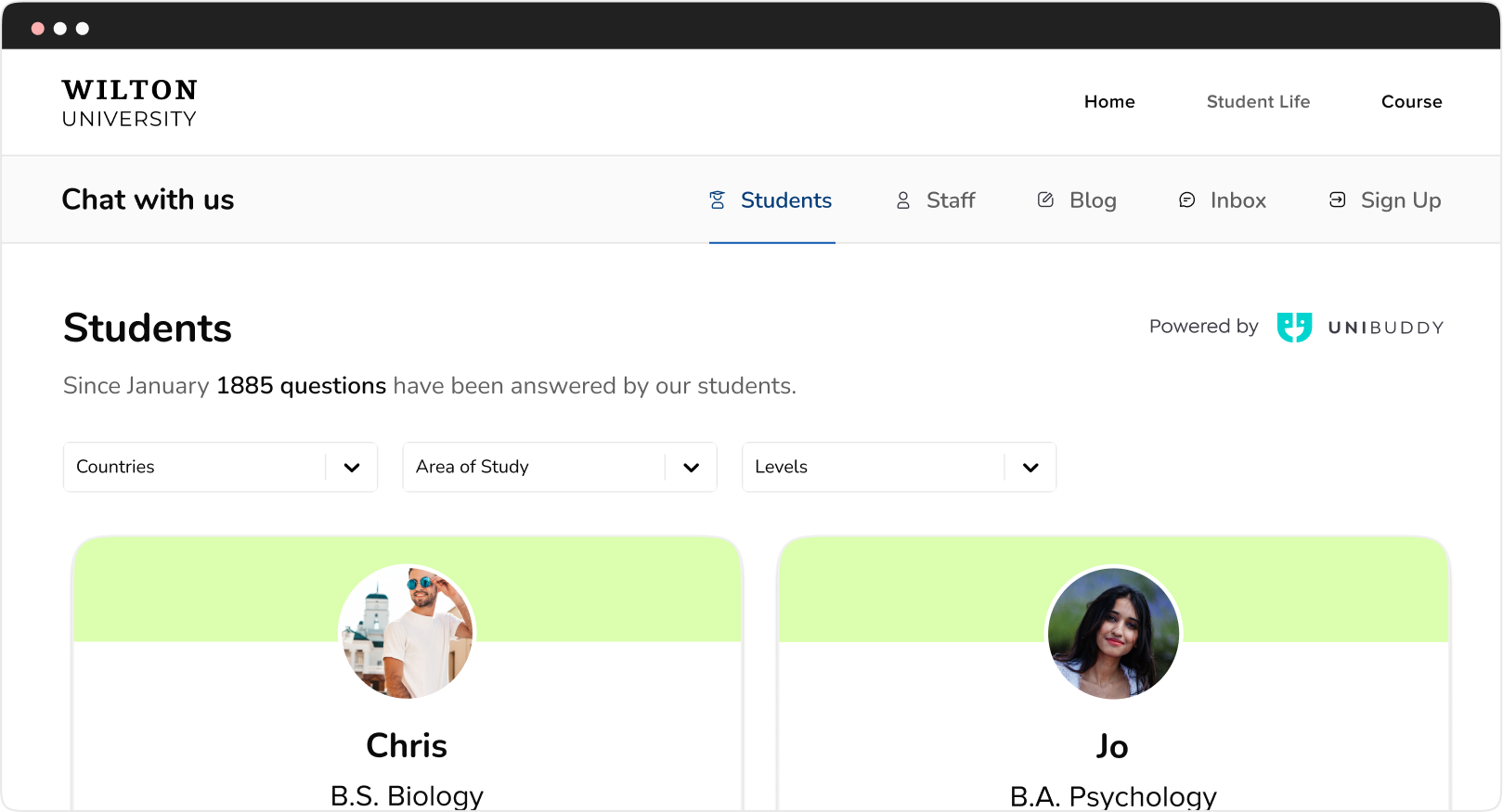 Sample screenshot of available student ambassadors on sample university site via Unibuddy