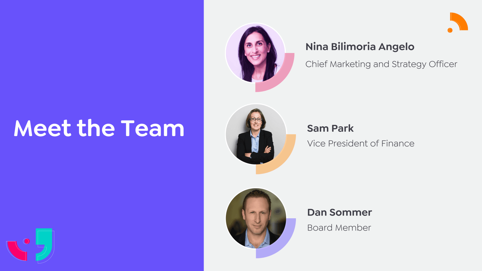 unibuddy meet the team graphic with Nina Bilimoria Angelo, Chief Marketing Officer at Unibuddy, Sam Park, VP of Finance for Unibuddy and Dan Sommer, Unibuddy Board Member