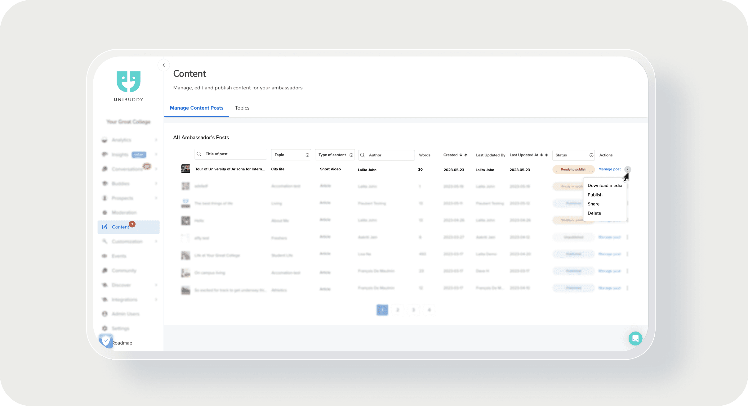 Screenshot of Unibuddy content publication tools