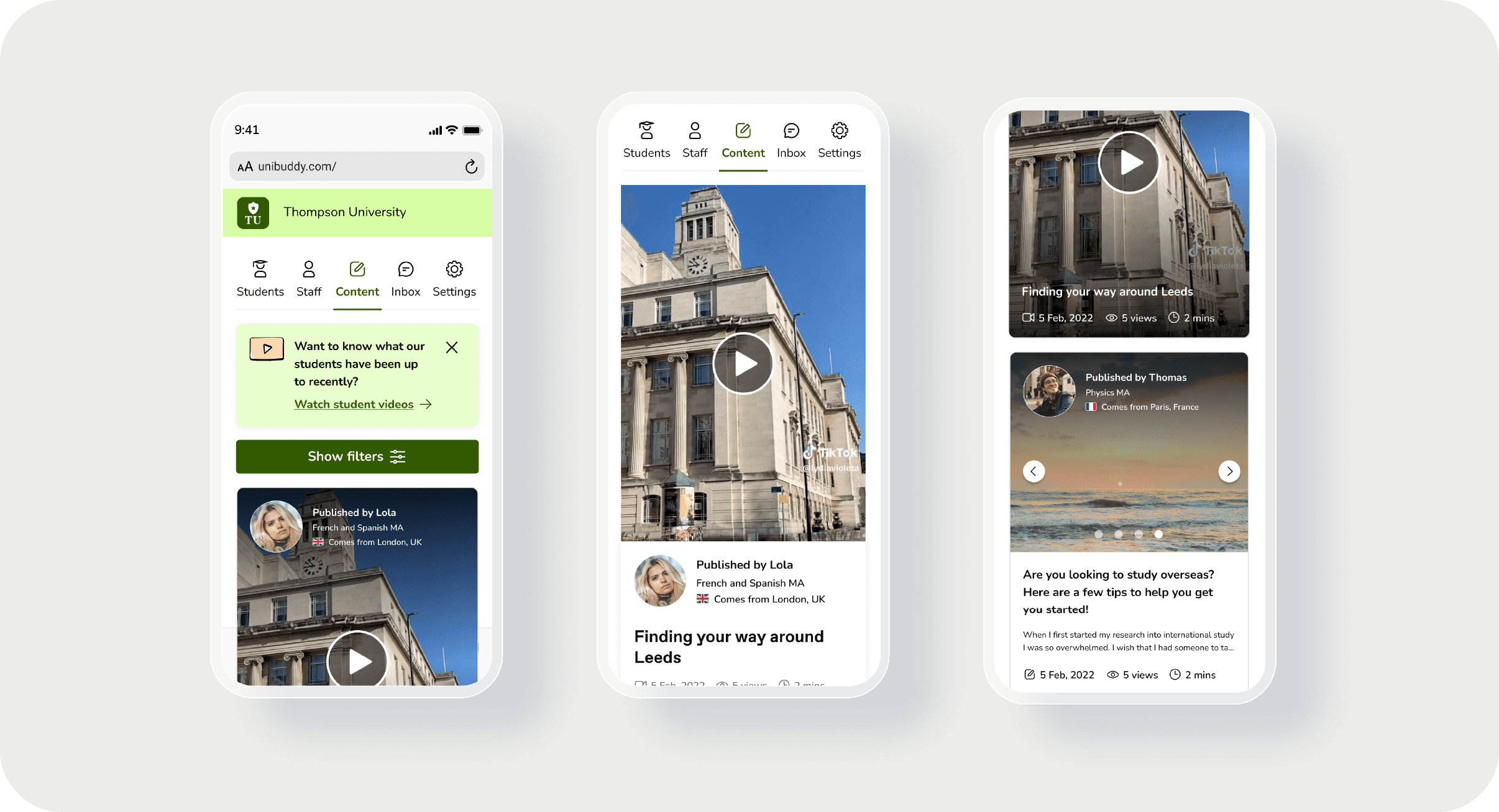 Screenshot of front-end Unibuddy content experience