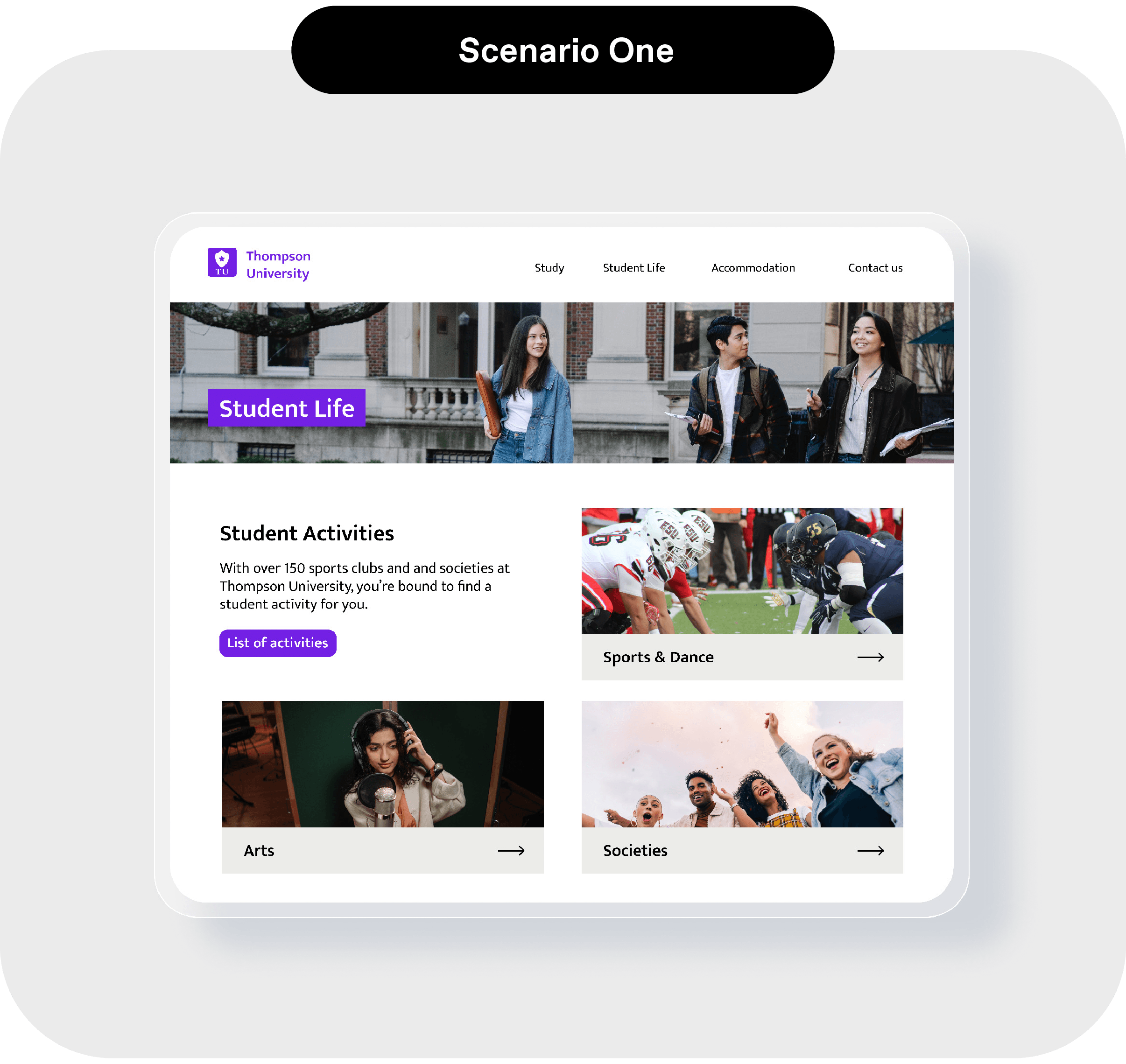 Screenshot of Generic Student Life Landing Page
